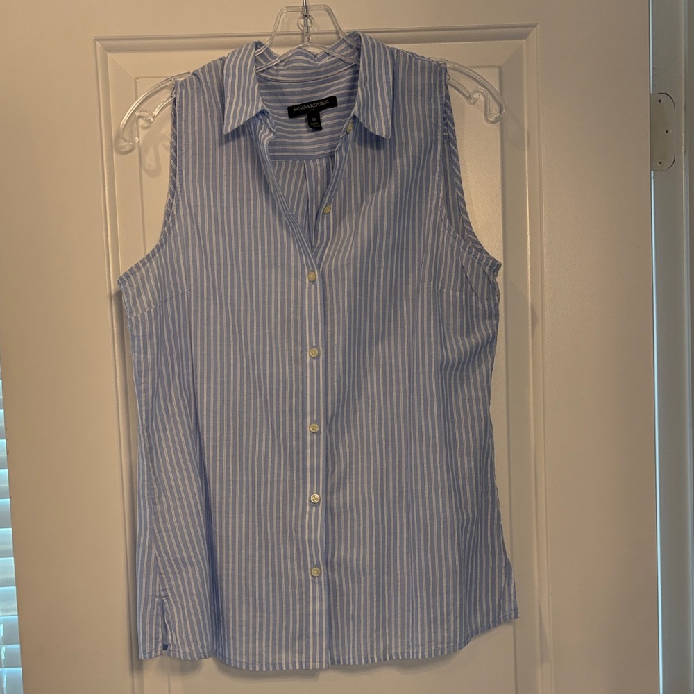 Banana Republic Blue Striped Button Down Sleeveless Shirt